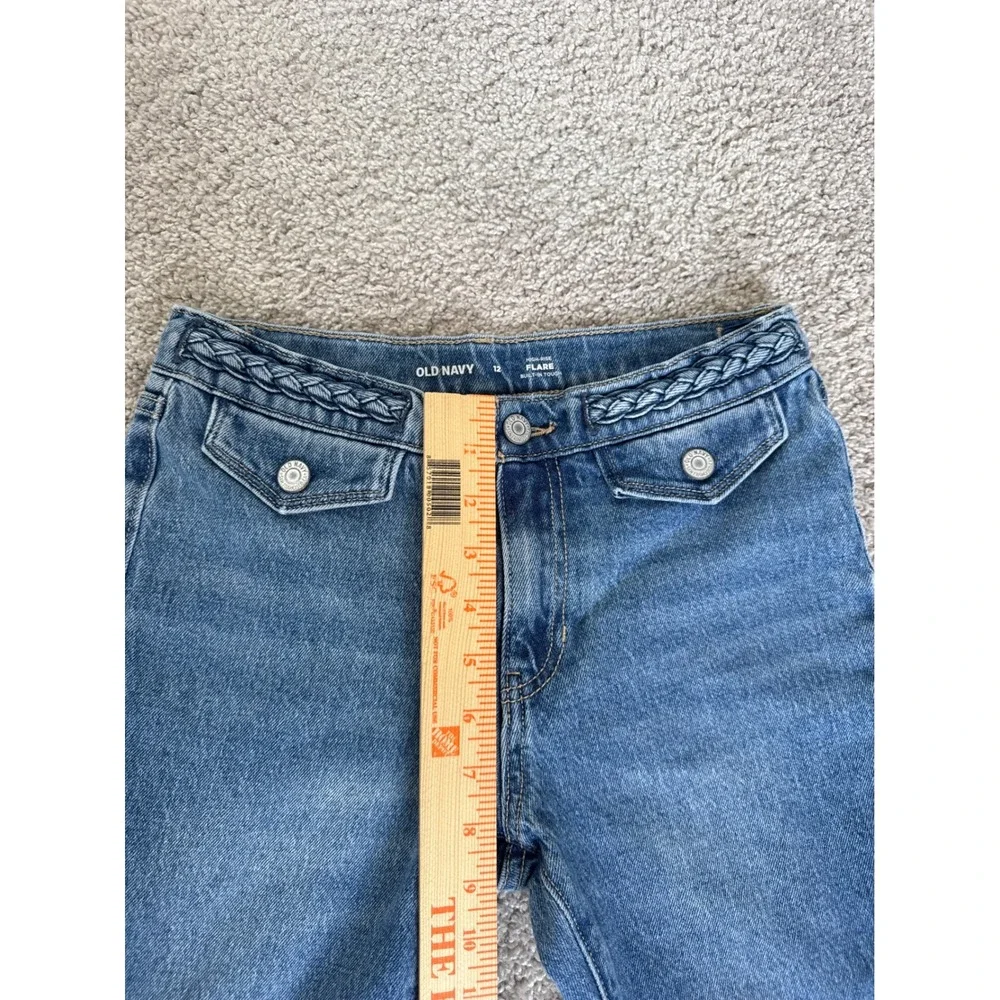 Old Navy Girls Blue High Rise Flare Jeans Braided Waist Built-In Tough Size 12